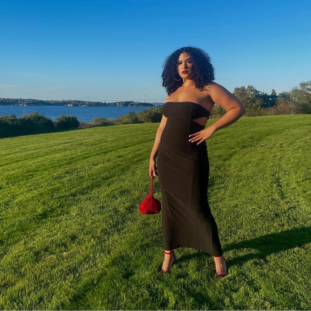 Princess Polly formal black maxi dress with cut outs and slit in the back